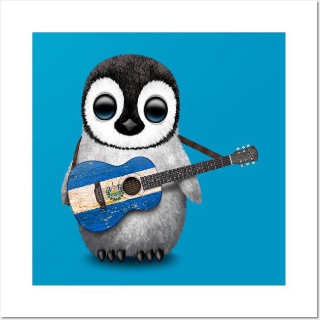 Baby Penguin Playing El Salvador Flag Guitar Wall Art by jeffbartels